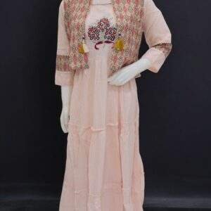 Elegant Peach Anarkali Dress with Embroidered Yoke and Printed Jacket