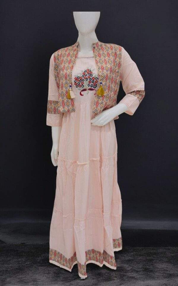 Elegant Peach Anarkali Dress with Embroidered Yoke and Printed Jacket