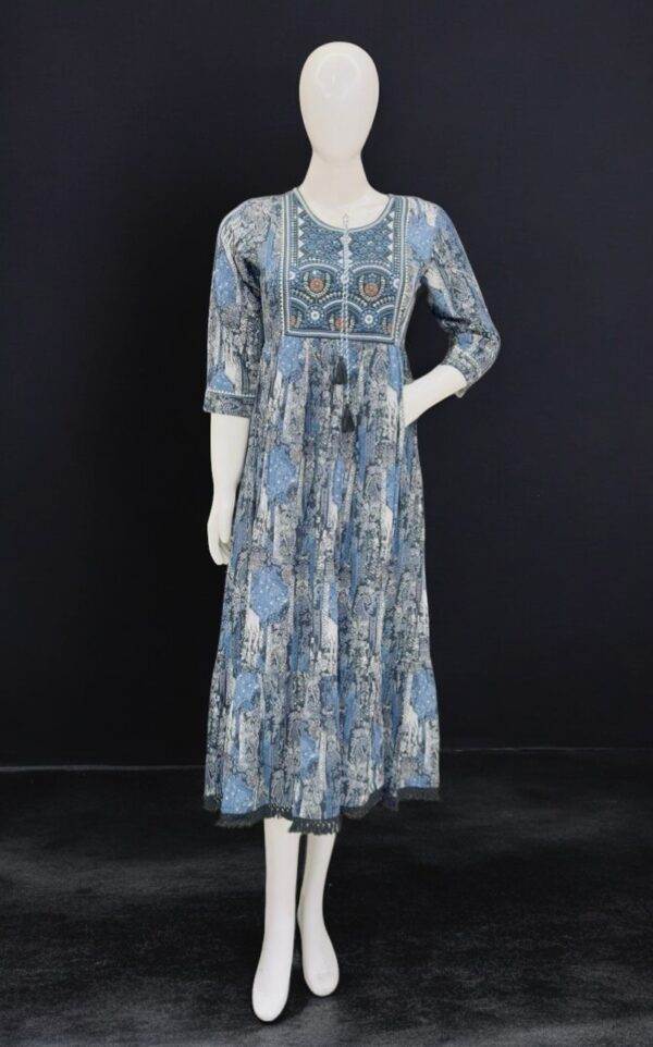 Chic Blue Printed Anarkali Kurti with Embroidered Yoke