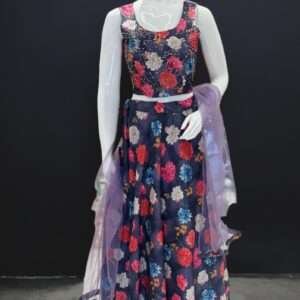 Stylish Navy Blue Floral Crop Top with Flared Skirt & Sheer Lavender Dupatta