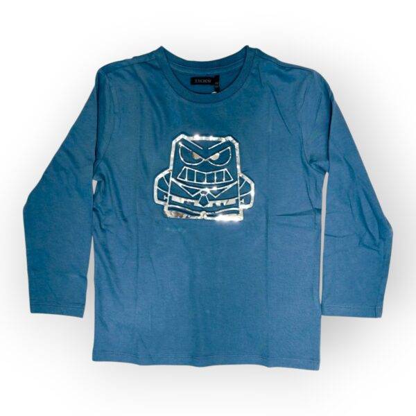 Stylish Blue Kids' Long-Sleeve T-Shirt with Metallic Robot Print