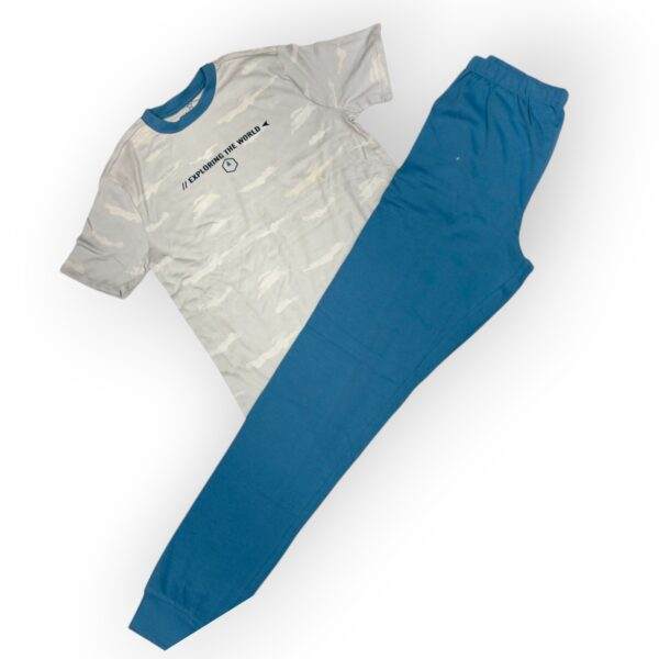 Kids' Two-Piece Set: Grey T-Shirt with "Exploring the World" Print & Teal Pants