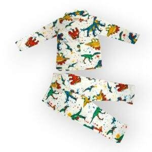 Kids' Dinosaur Print Pajama Set – Button-Up Top and Elastic Pants
