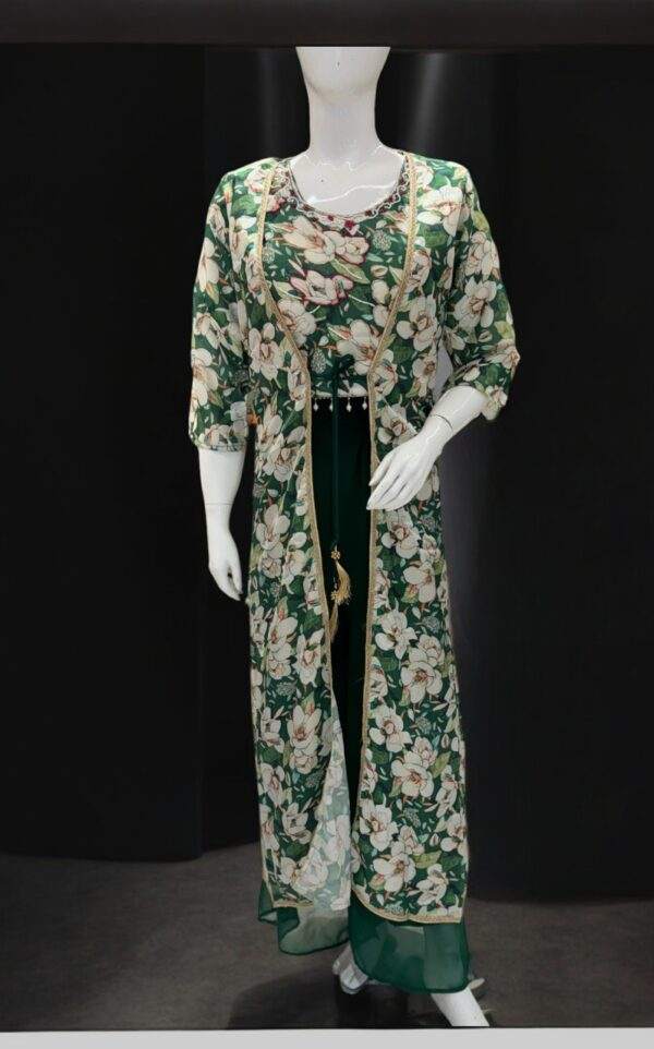 Elegant Green Floral Palazzo Set with Long Sheer Jacket