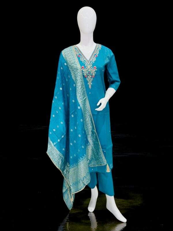 Teal Blue Embroidered Salwar Kameez with Brocade Dupatta