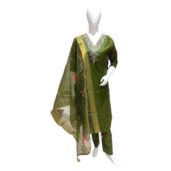 Olive Green Embroidered Salwar Suit with Floral Dupatta – Traditional Elegance