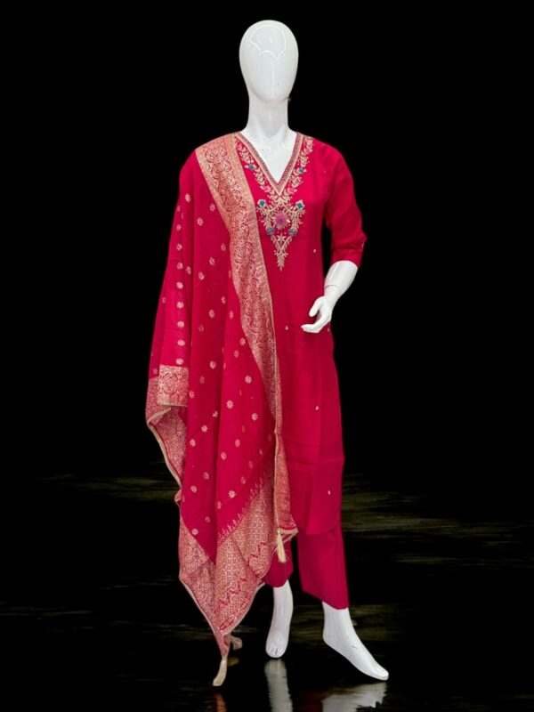 Elegant Red Embroidered Salwar Kameez with Brocade Dupatta