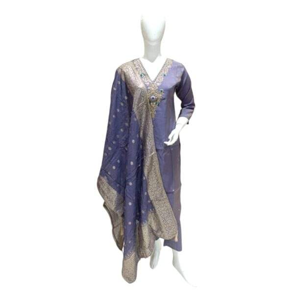 Elegant Purple Salwar Suit with Embroidered Neckline and Ornate Dupatta