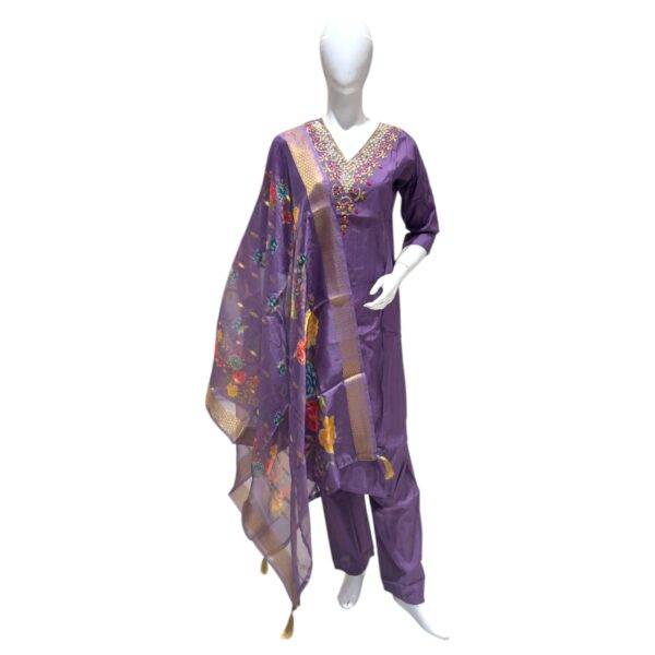 Elegant Purple Salwar Suit with Embroidered Neckline and Floral Dupatta