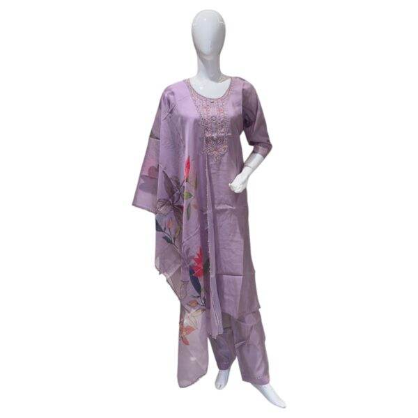 Lavender Salwar Suit with Floral Printed Dupatta and Embroidered Neckline