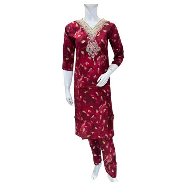 Stunning Maroon Printed Kurta Set with Embroidered Neckline – Elegant Traditional Wear