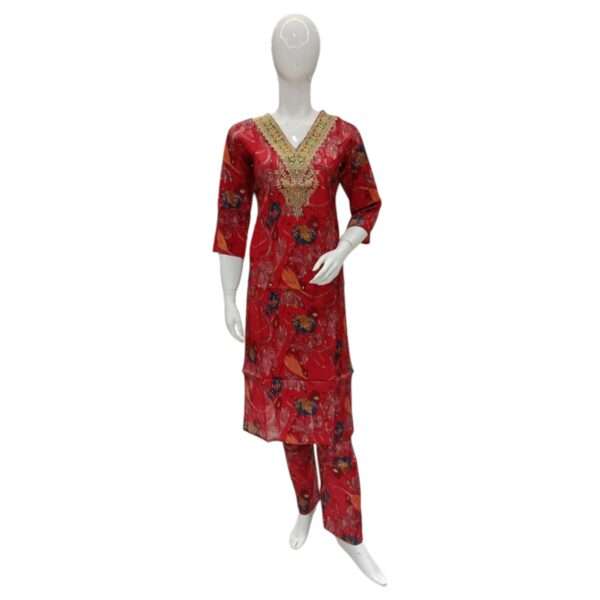 Vibrant Red Floral Printed Kurta Set with Embroidered Neckline – Stylish Traditional Women’s Outfit