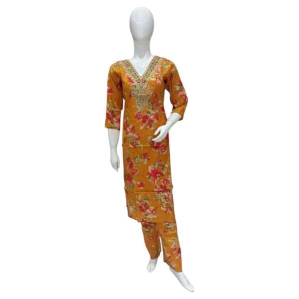 Vibrant Mustard Yellow Floral Kurta Set with Embroidered Neckline – Festive Traditional Women’s Wear