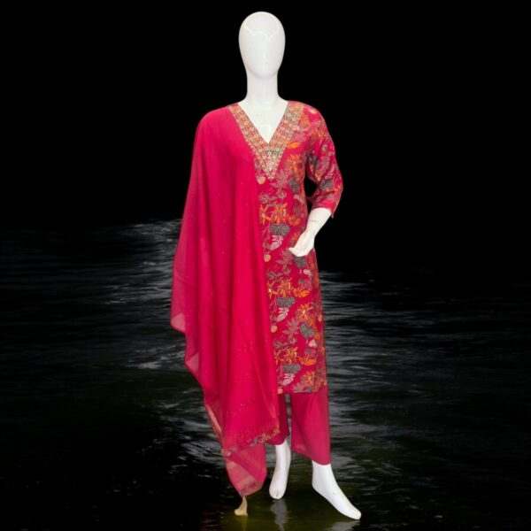 Vibrant Pink Floral Embroidered Kurta Set with Matching Dupatta – Festive Women’s Ethnic Wear