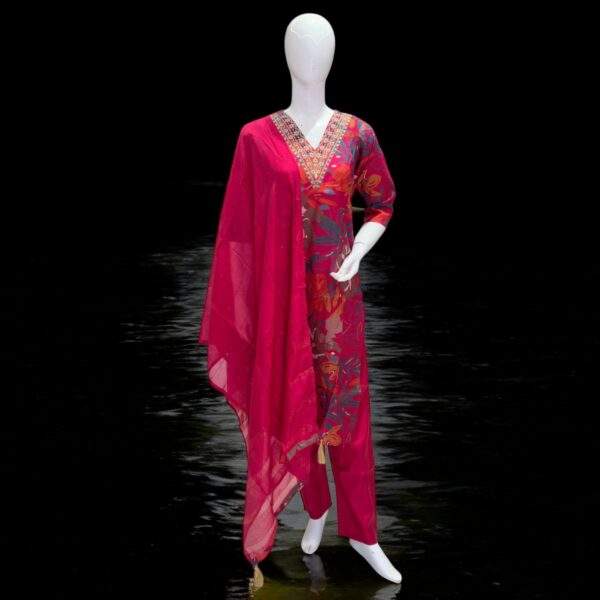 Stunning Pink Floral Kurta Set with Embroidered Neckline and Dupatta – Women’s Festive Wear