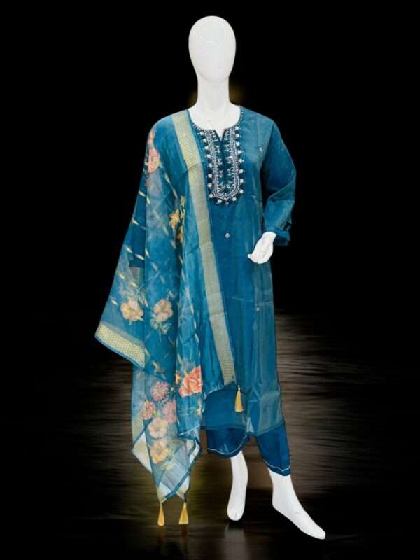 Teal Embroidered Salwar Kameez with Floral Dupatta