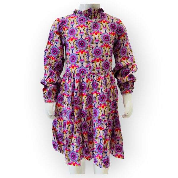 Girls' Long-Sleeve Floral Print Dress - Vibrant Pink and Purple