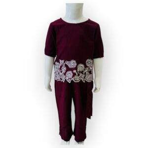 Kids' Maroon Two-Piece Set with Intricate White Embroidery
