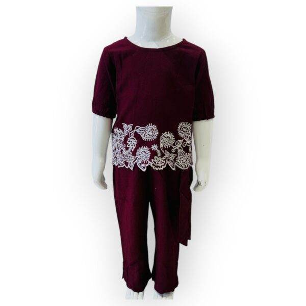 Kids' Maroon Two-Piece Set with Intricate White Embroidery