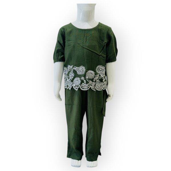 Kids' Olive Green Two-Piece Set with Delicate White Embroidery