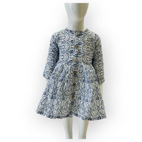 Girls' White and Navy Blue Floral Button-Down Dress
