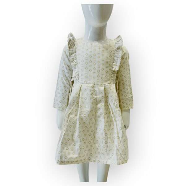 Girls' White and Gold Printed Ruffled A-Line Dress