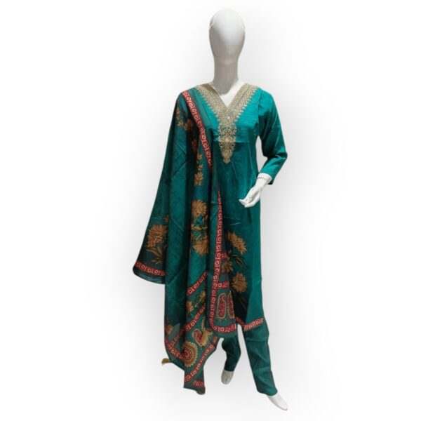 Women's Teal Embroidered Salwar Kameez with Printed Dupatta