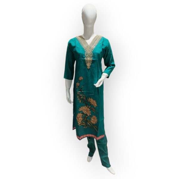 Women's Teal Embroidered Salwar Kameez with Printed Dupatta - Image 2