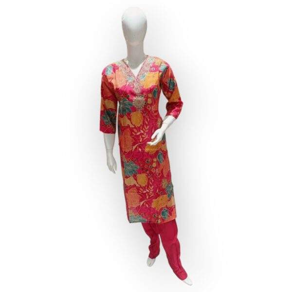 Vibrant Pink Printed Salwar Kameez Set with Floral Dupatta - Image 2