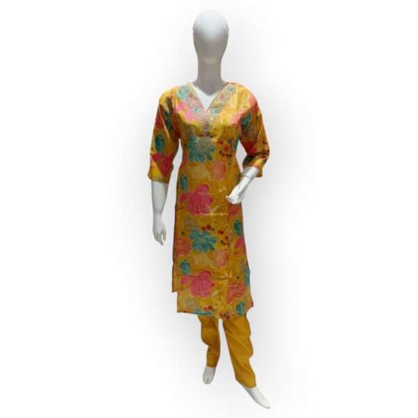 Bright Yellow Floral Salwar Kameez Set with Printed Dupatta - Image 2