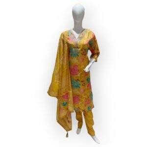 Bright Yellow Floral Salwar Kameez Set with Printed Dupatta