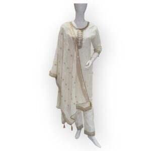 Elegant Off-White Embroidered Salwar Kameez Set with Polka-Dot Dupatta