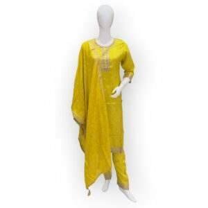 Vibrant Yellow Embroidered Salwar Kameez Set with Polka-Dot Dupatta