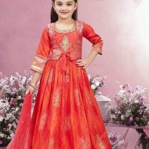 GIRLS ETHNIC WEAR LONG FROCK WITH JOCKET PINK WITH ORANGE