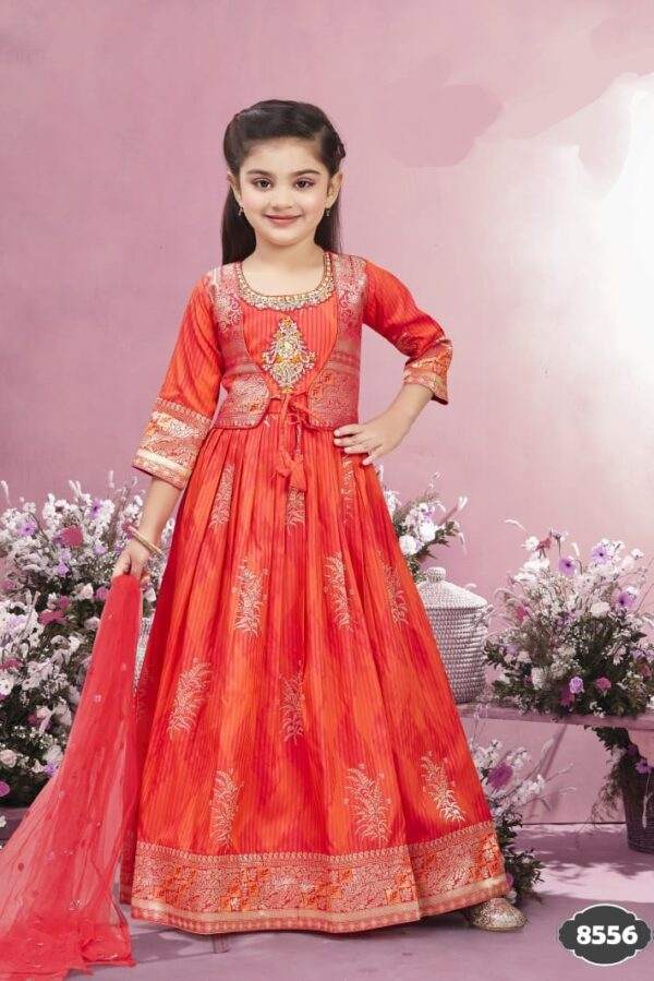 GIRLS ETHNIC WEAR LONG FROCK WITH JOCKET PINK WITH ORANGE