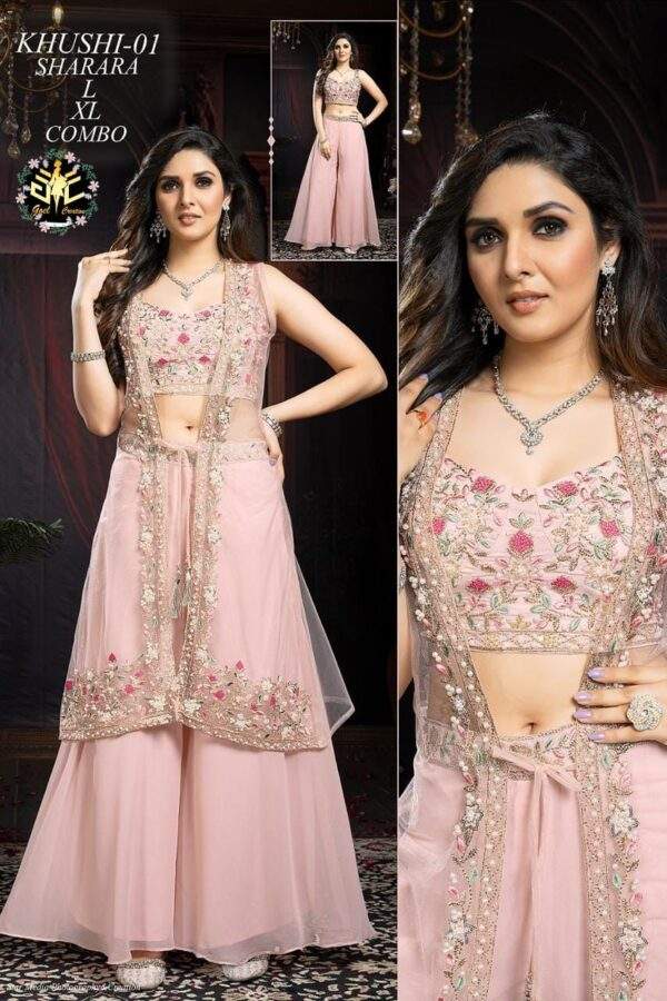 Exquisite Pink Embroidered Sharara Set with Sheer Dupatta - Khushi-01