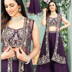 Elegant Purple Embroidered Sharara Set with Net Dupatta