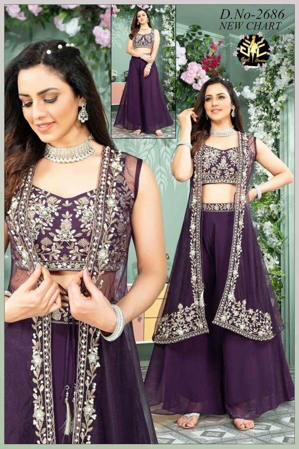 Elegant Purple Embroidered Sharara Set with Net Dupatta