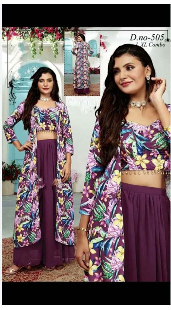 Floral Printed Purple Sharara Set with Long Jacket