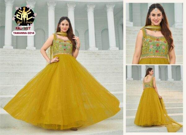 Golden Yellow Embroidered Net Gown with Dupatta