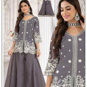 Elegant Grey Palazzo Suit with Floral Embroidery