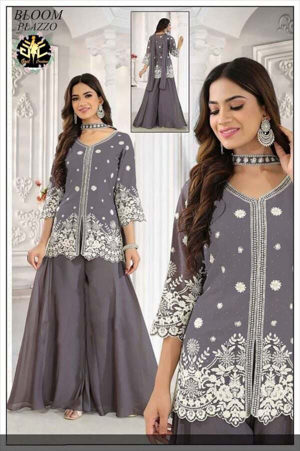 Elegant Grey Palazzo Suit with Floral Embroidery