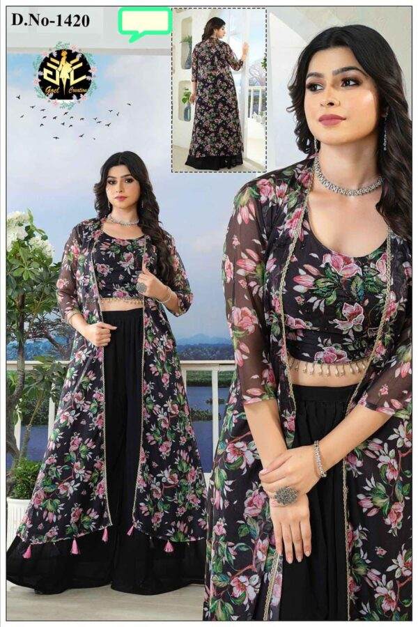 Stylish Floral Black Crop Top, Palazzo & Long Jacket Set