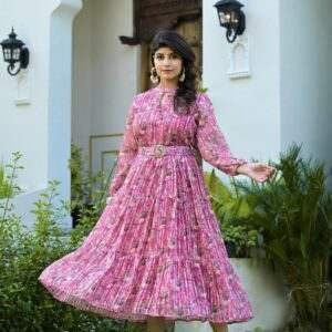 Charming Pink Pleated Maxi Dress with Belted Waist