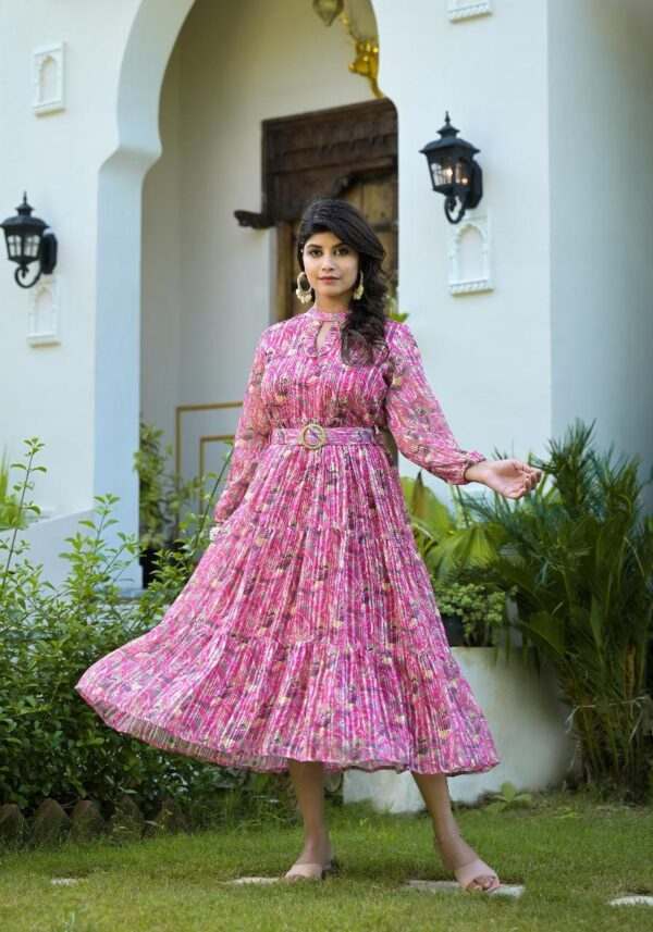 Charming Pink Pleated Maxi Dress with Belted Waist