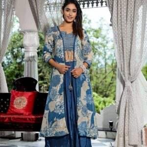 Elegant Blue Floral Co-Ord Set with Long Printed Jacket