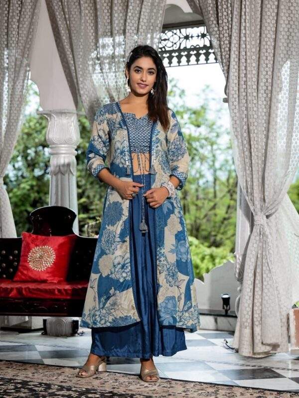 Elegant Blue Floral Co-Ord Set with Long Printed Jacket