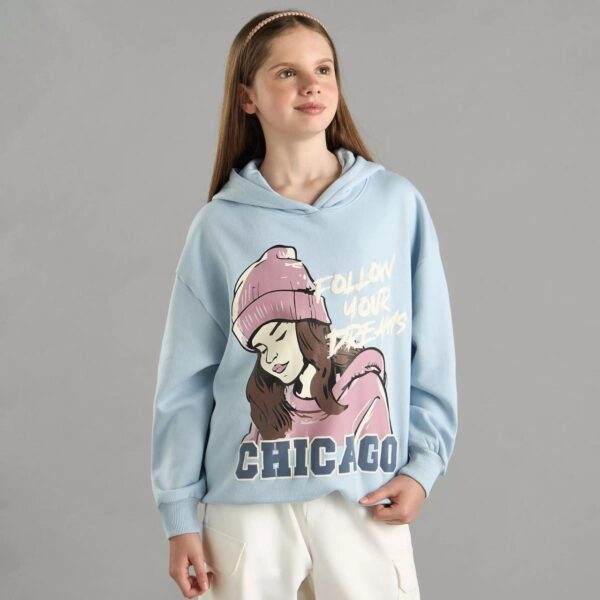 Trendy Light Blue Hoodie for Girls (9-10 Years) - "Follow Your Dreams" Chicago Design