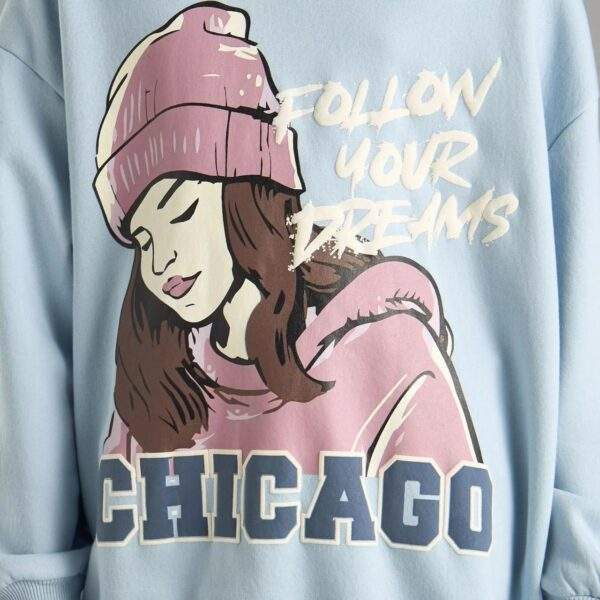 Trendy Light Blue Hoodie for Girls (9-10 Years) - "Follow Your Dreams" Chicago Design - Image 2