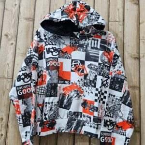 Trendy Boys' Graphic Hoodie - Black, White, and Red Urban Patchwork Design